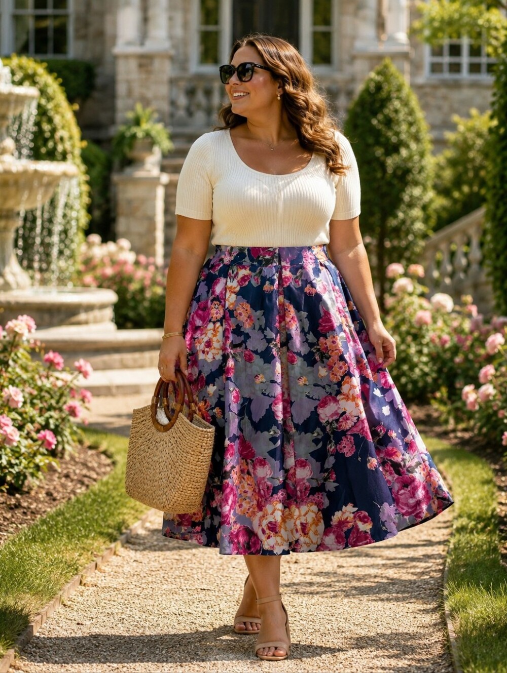 Mix Nouveau New York Floral Pleated Midi Skirt XL Navy Pink Lined Cottagecore